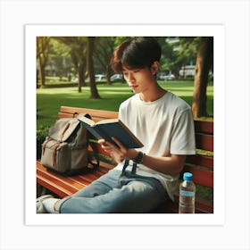 Young Asian Man Reading Book In Park Art Print