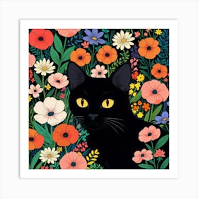 Black Cat In Flowers 4 Art Print