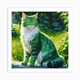 Explore the Allure of a Green Cat Resting on Stone. Art Print