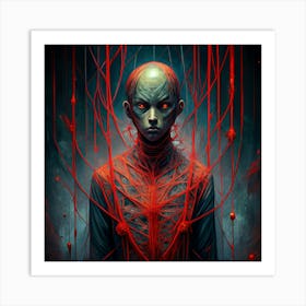 Mystical Humanoid Figure With Red Vines Art Print