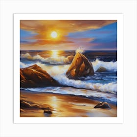 The sea. Beach waves. Beach sand and rocks. Sunset over the sea. Oil on canvas artwork.21 Art Print