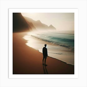 Silhouette Of A Man On The Beach Art Print