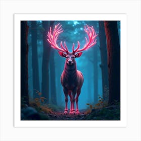 A Majestic Stag With Antlers Of Flowing, Neon Patterns Standing In A Dreamlike Forest 1 Art Print