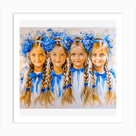 Four Little Girls In Blue Art Print