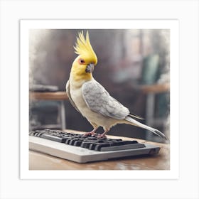  Cockatiel Bird Standing On Computer Keyboard  Art Print