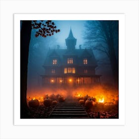 Fog Holiday Greeting Scarey Evil Dark Ominous Leaf Stripes Haunting Wood Carving Flames (24) Art Print