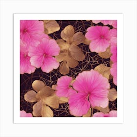 Seamless Pattern Of Elegant Geranium Floral Motifs In Pink, Adorned With Gold Lines 1 Art Print