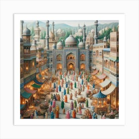 Miniature Painting Of A Bustling Pakistani Bazaar (3) Art Print