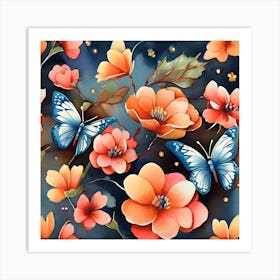 Blue And Orange Flowers With Butterflies Art Print