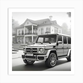 A Pencil Drawing Of Mercedes Benz G Wagon In Front Of A Beautiful Modern Mansion Art Print