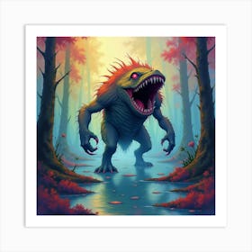 Monster In A Colorful Watercolor Swamp, Vivid And Eerie 1 Art Print