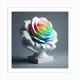 A White Marble Bust Of Rainbow Colored Rose On A Grey Background, 3d 4 Art Print