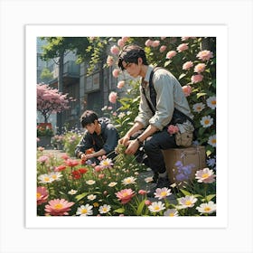 MEN PICKING FLOWERS Art Print