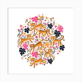 Happy Valentine Tigers In Pink Square Art Print