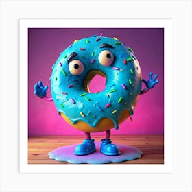 Blue Glazed Donut Character With Drooling Glaze And Worried Expression Art Print