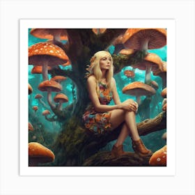 Girl Sitting On A Tree With Mushrooms Art Print