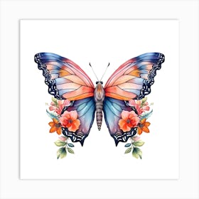 Watercolor Butterfly With Flowers Art Print