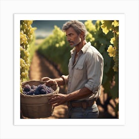 Man Picking Grapes In Vineyard Art Print