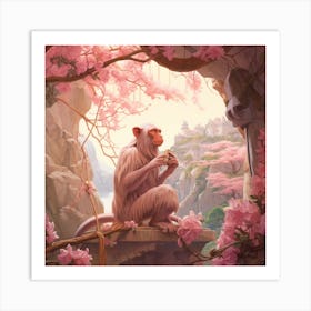 Macaque 2 Pink Jungle Animal Portrait Art Print