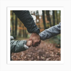 Father And Son Holding Hands In The Woods Art Print