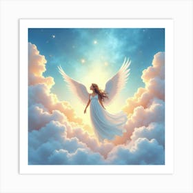 Angel In Serene Celestial Clouds, Watercolor, Radiant And Soft 1 Art Print