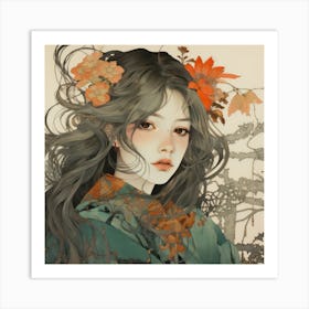 Autumn Forest Sprite In Celadon, Persimmon , And Sage Art Print