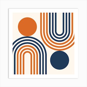 Mid Century Modern Geometric in classy navy blue burnt orange (Rainbow and Sun Abstract Design) 3 Art Print