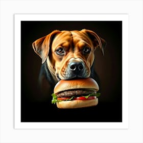 A Dog Eating A Burger Depicted With Strong Hard Light, Smooth Gradient Transitions, Seamless Color Blending, Direct Harsh Shadows Poster