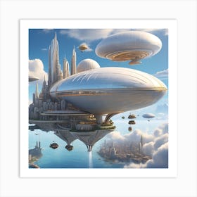 floating city with airships docking at sky-high Art Print