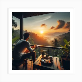 Man in balcony Looking At The Sunset Art Print