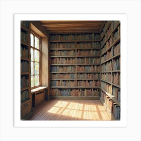 An Old English Library With Shelves Of Books, Painted With Watercolor 1 Art Print