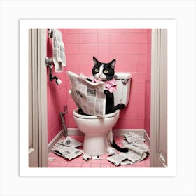 Cat Reading A Newspaper In Toilet (5) Art Print