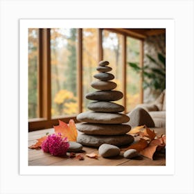 A Pyramid Of Rocks Sits On A Wooden Table Surrounded By Fallen Leaves, Flowers, And A Chair In A Cozy Natural Indoor Setting Art Print