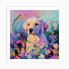 Puppy Posing amidst in Flowers Art Print