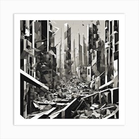 Crumbling Dystopian City Scene Cubism Style Art Print