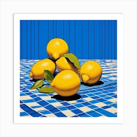 Lemons Blue Checkerboard Art Print