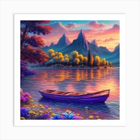 Sunset Boat On The Lake Art Print