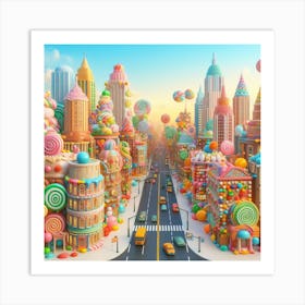 A city with buildings made of different, bright, colourful candies and looks like a wonderful candy land Art Print