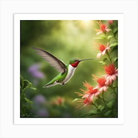 Ruby Throated Hummingbird Mid Air Its Wings A Blur Its Slender Beak Meticulously Extracts Nectar Art Print