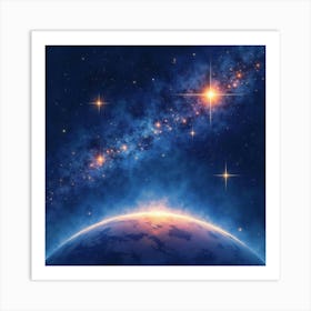 Watercolor Vibrant Stars Forming Constellations In The Night Sky Above A Planet 1 Art Print