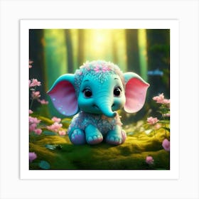 Firefly 3d, Animated, Cute, Little, Round, Turquoise, Elephant, Baby, Forest, Pink Flowers, Whimsica (1) 1 Art Print