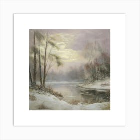 Ancient landscapes, old winter oil paintings and rocks around the lake bank. Snow is falling on the lake, old colors.4 Art Print