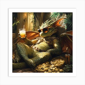 Cool Dragon Lounging on Gold Background 6 Art Print