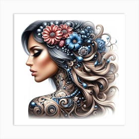 Tattooed Woman With Flowers Art Print