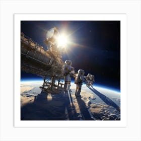 Astronauts Tethered To A Spacecraft Perform A Spacewalk Above Earth Art Print