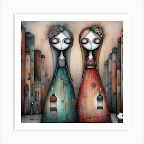 Two Girls With Lanterns Art Print