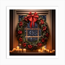 Christmas Wreath On Window Sill Art Print