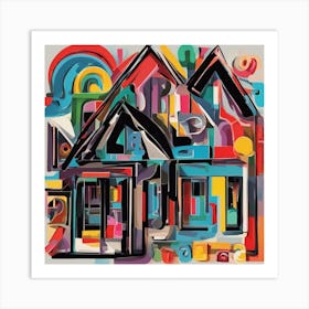 An Image Of A House With Letters On A Black Background, In The Style Of Bold Lines, Vivid Colors, Gr (3) Art Print