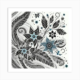 Batik, Black And White Floral Pattern Art Print