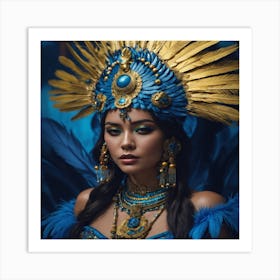 Beautiful Woman In Blue Feathers Art Print